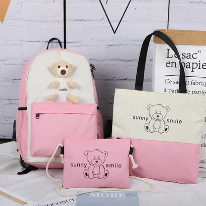 College style backpack bear backpack Girls high school student schoolbag three piece set - Shello's Creative Boutique