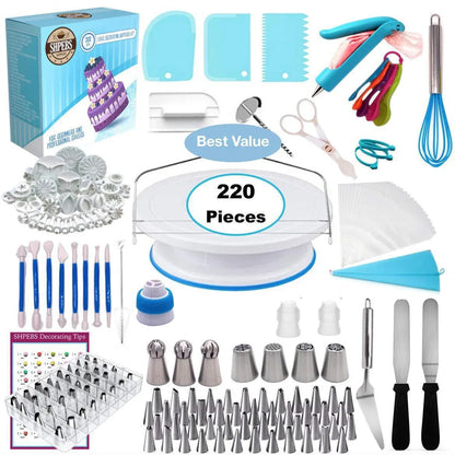 220-Piece Set Of Cake Turntables With Numbers Cake Piping Nozzles Baking Tools Fondant Molds - Shello's Creative Boutique
