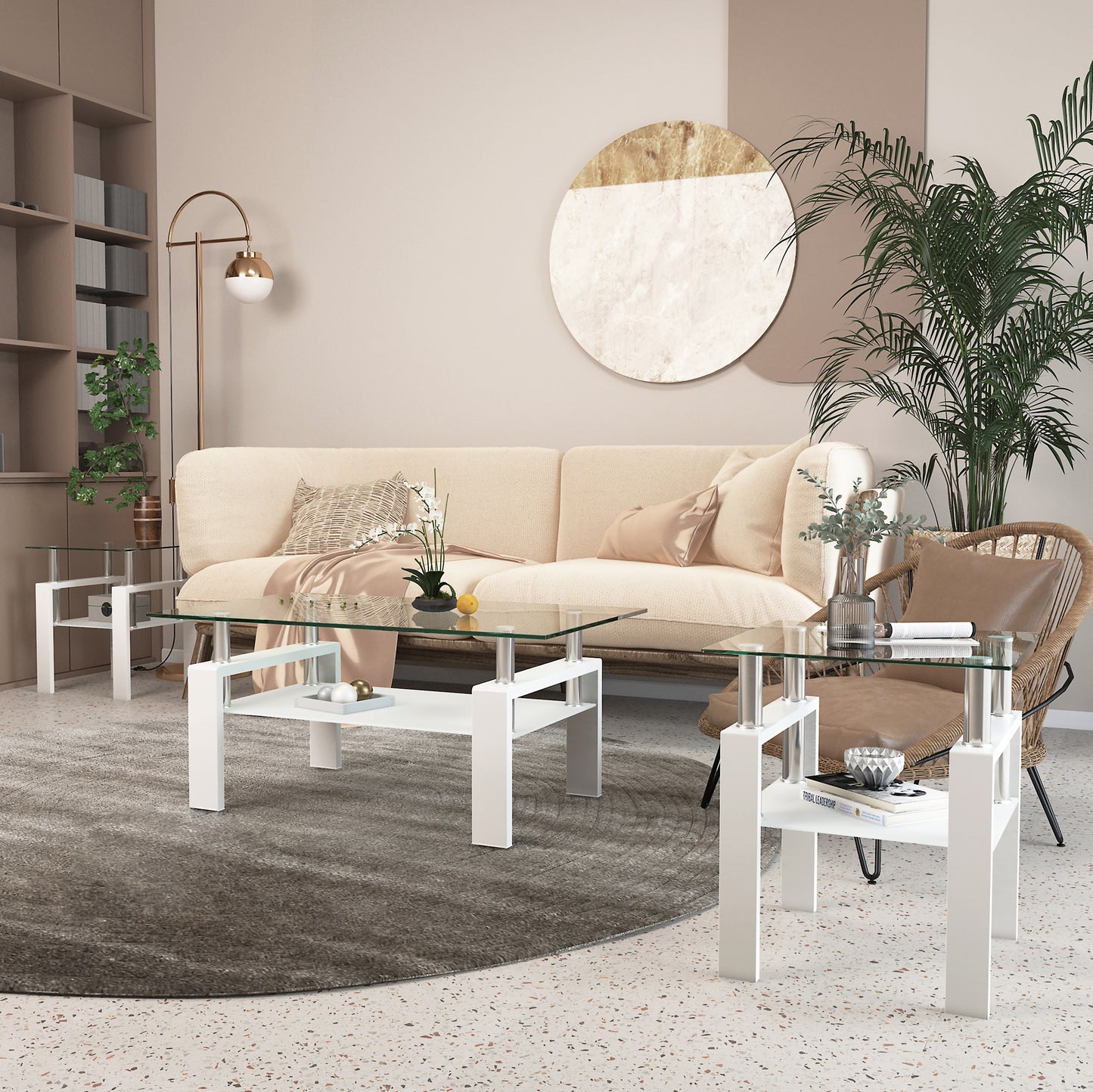 Set of 2, Modern Tempered Glass Tea Table Coffee Table End Table, Square Table for Living Room, Transparent/White eprolo