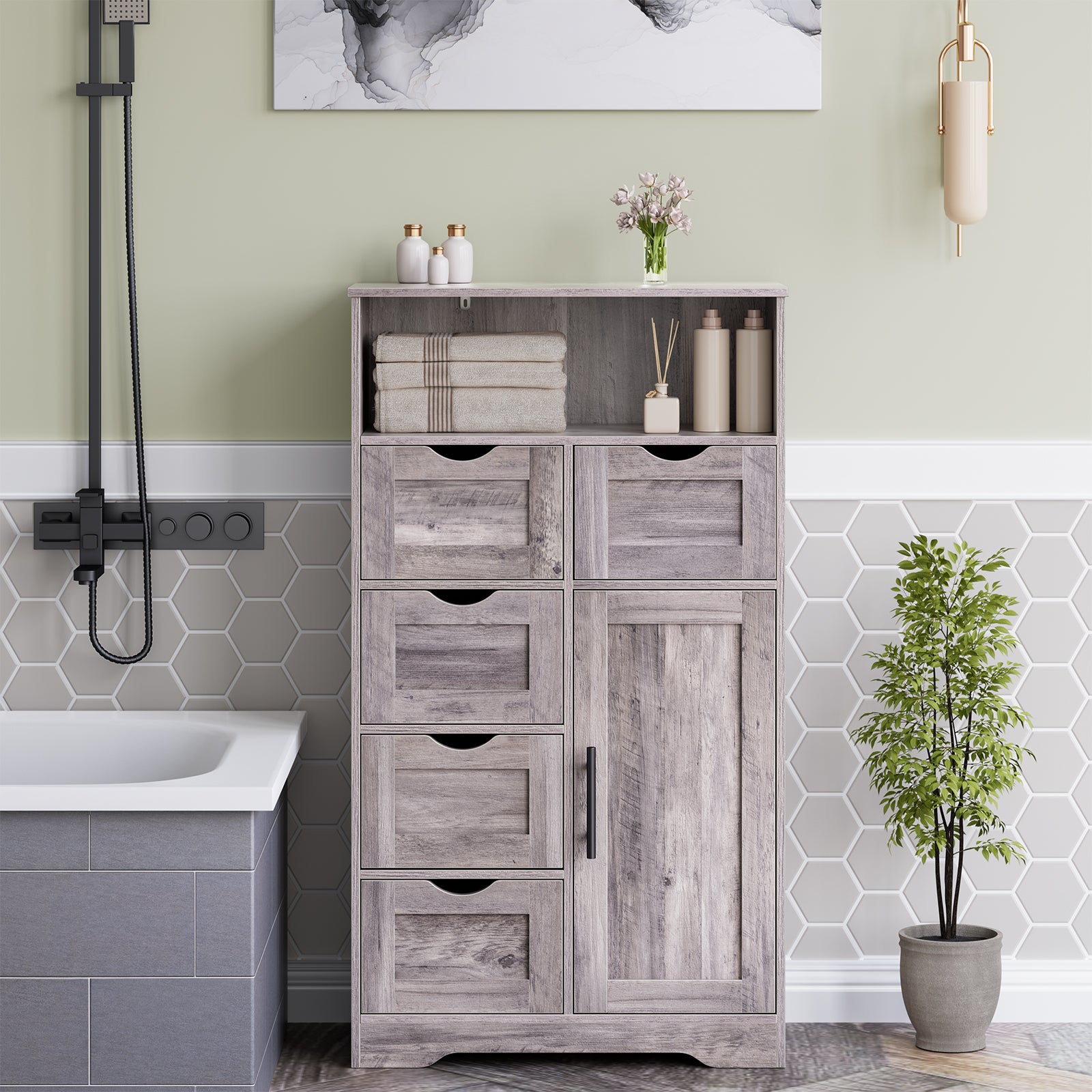 5 Drawers Storage Cabinet with Adjustable Shelves, Bathroom Cabinet with Doors, Floor Cabinet for Living Room Grey eprolo