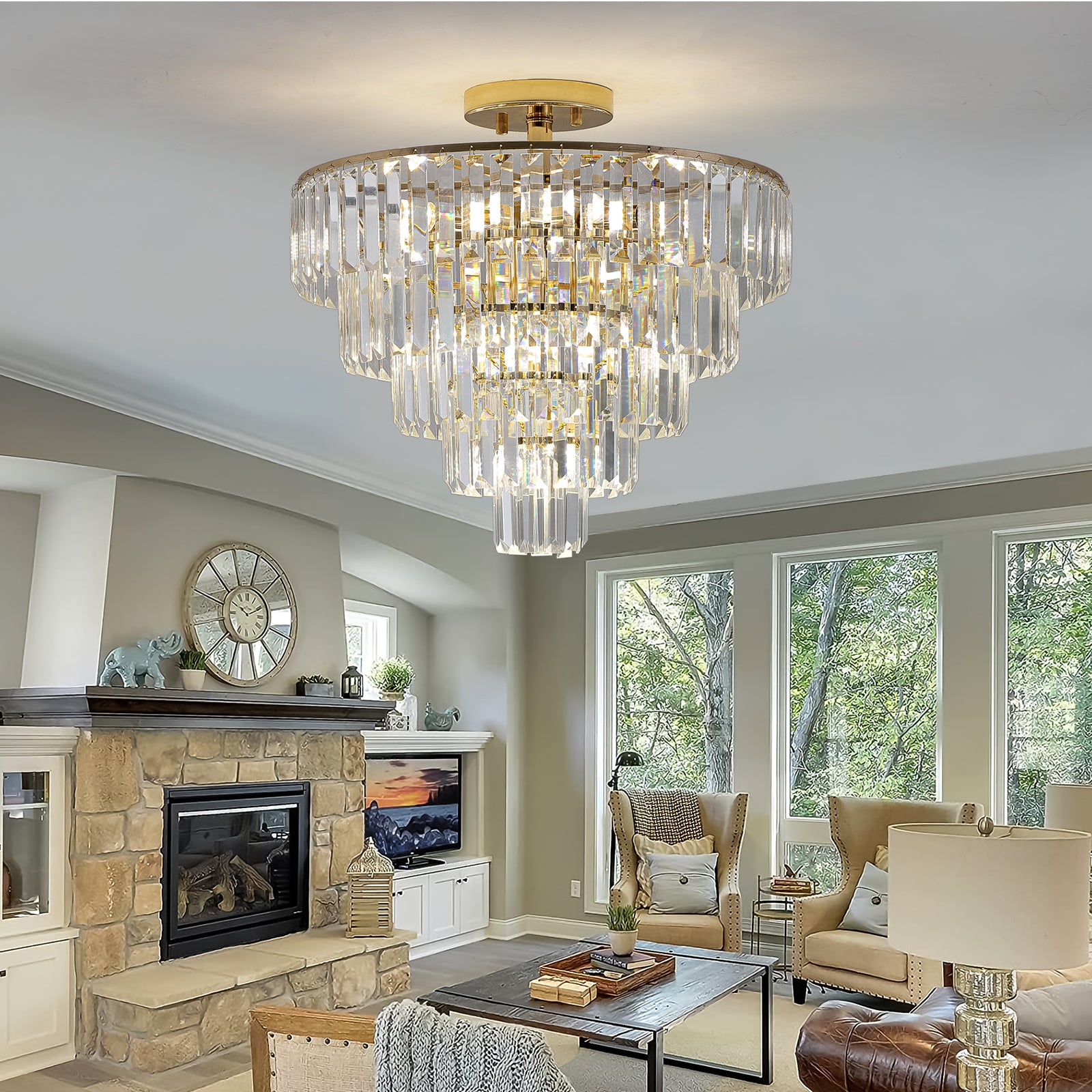 Gold Crystal Chandeliers,5-Tier Round Semi Flush Mount Chandelier Light Fixture,Large Contemporary Luxury Ceiling Lighting eprolo