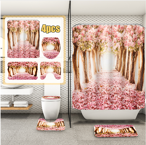 Arrivals Europe Pink Sakura Tree Pattern Bathroom Four-piece Suit,Shower Curtain Bathroom Pedestal Rug Lid Toilet Cover Bath Mat Set
