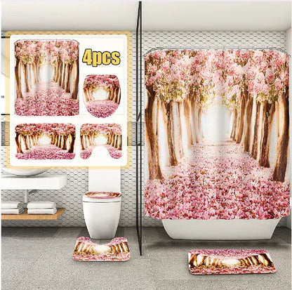 Arrivals Europe Pink Sakura Tree Pattern Bathroom Four-piece Suit,Shower Curtain Bathroom Pedestal Rug Lid Toilet Cover Bath Mat Set - Shello's Creative Boutique