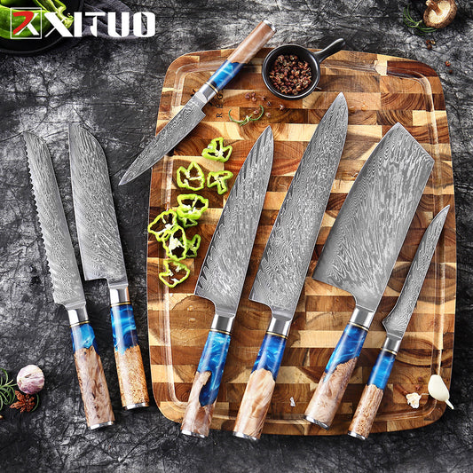 XITUO Kitchen Knives-Set Damascus Steel VG10 Chef Knife Cleaver Paring Bread Knife Blue Resin and Color Wood Handle Cooking Tool eprolo