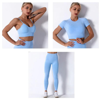 2Pcs/3Pcs/4Pcs Yoga Set Women Clotching Fitness Sportswear Seamless High Waist Leggings Shorts Shirt Crop Top Sport Bra - Shello's Creative Boutique