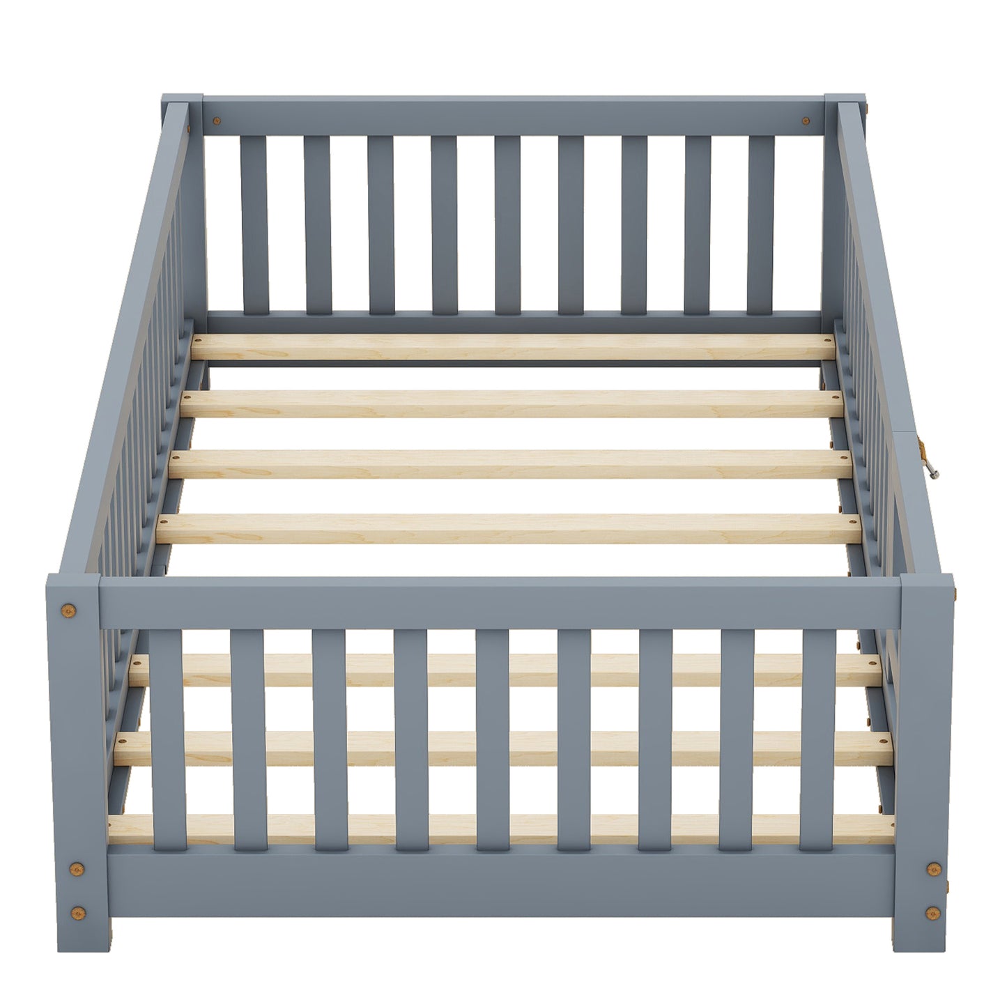 Twin Size Bed Floor Bed with Safety Guardrails and Door for Kids, Gray eprolo