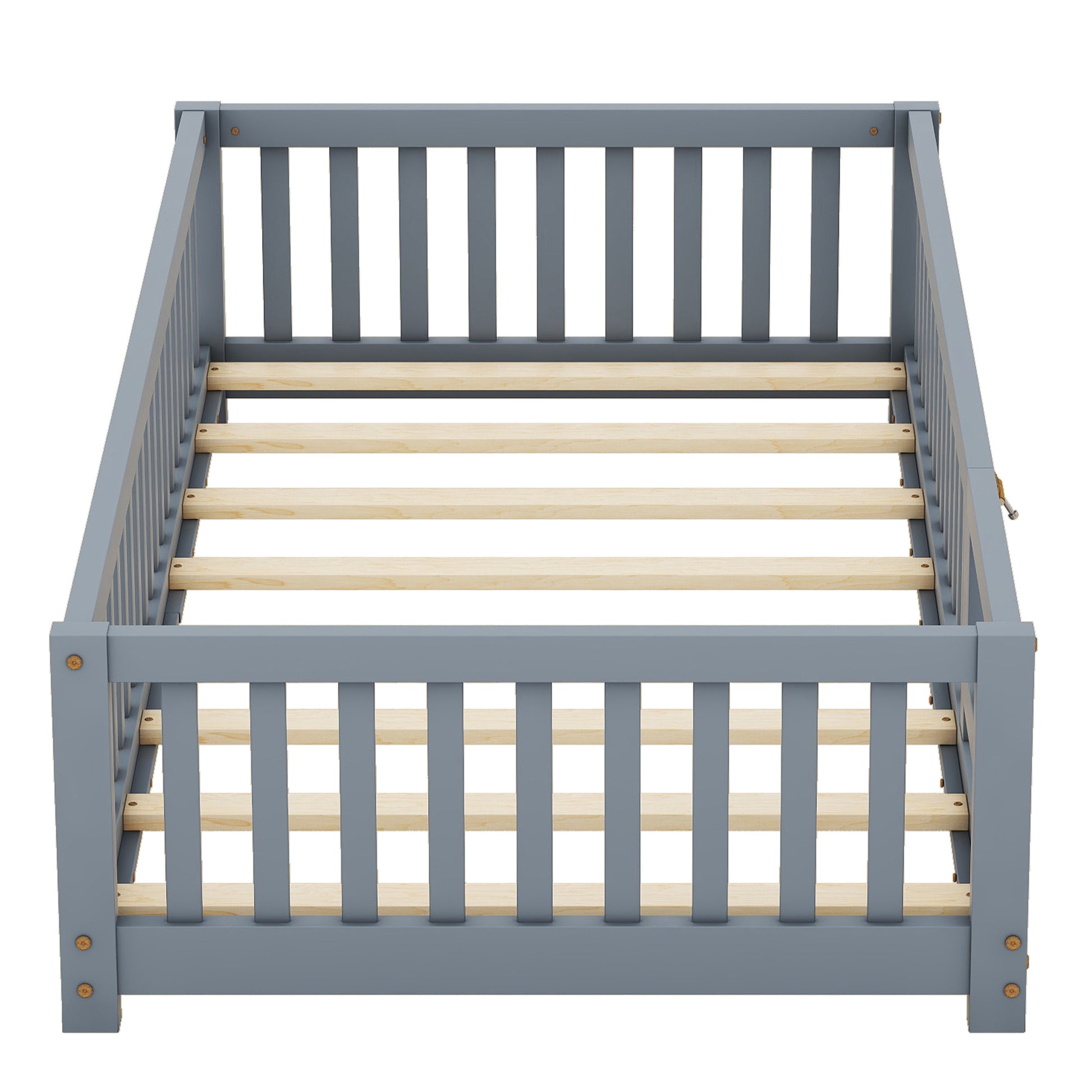 Twin Size Bed Floor Bed with Safety Guardrails and Door for Kids, Gray eprolo
