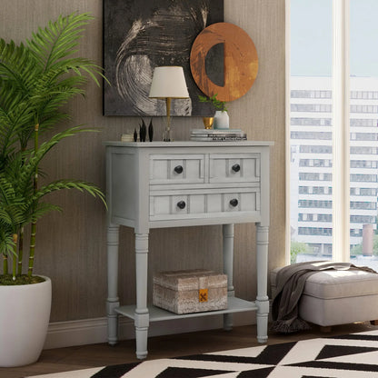 TREXM Narrow Console Desk, Thin Sofa Table with Three Storage Drawers and Living Room Bottom Shelves (Grey Washed) - Shello's Creative Boutique