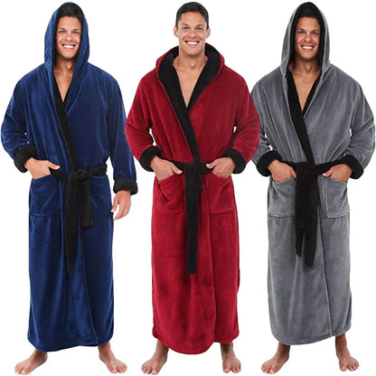 Men Bathrobe Men's Winter Lengthened Plush Shawl Bath Robe Home Clothes Long Sleeved Robe Coat - Shello's Creative Boutique