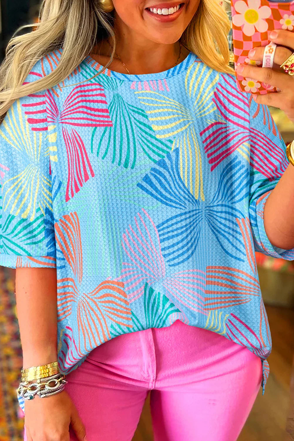 Pink Bowknot Print Waffle Loose Tee - Shello's Creative Boutique