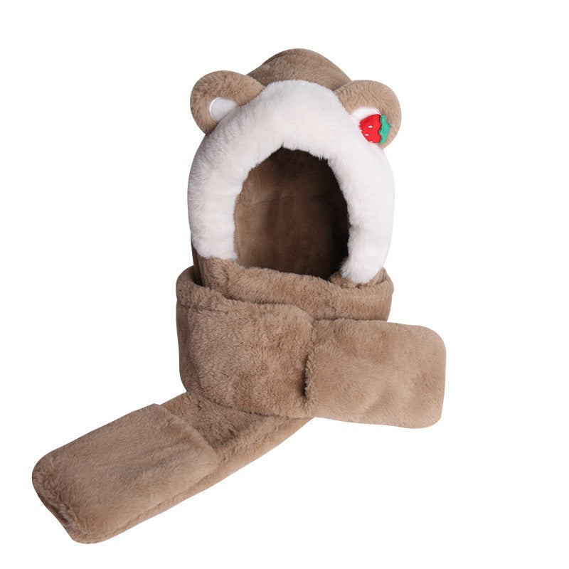 Winter Bear Hat Scarf Gloves One Body Autumn and Winter Lovely Strawberry Warm Keeping Women's Three Piece Scarf Thick Winter eprolo