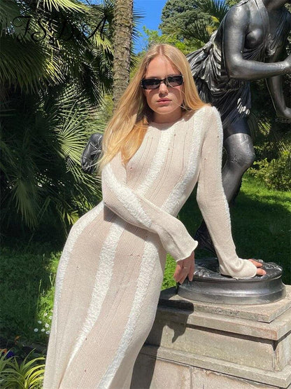Knitted O-Neck Long Sleeve Bodycon Sweater Dress – Sexy Y2K Midi for Autumn & Winter - Shello's Creative Boutique