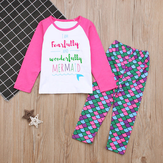 Beautiful and Cute Printed Mermaid Little Girls Pajamas Set Long Sleeves T-shirt with Pants Sleepwear eprolo