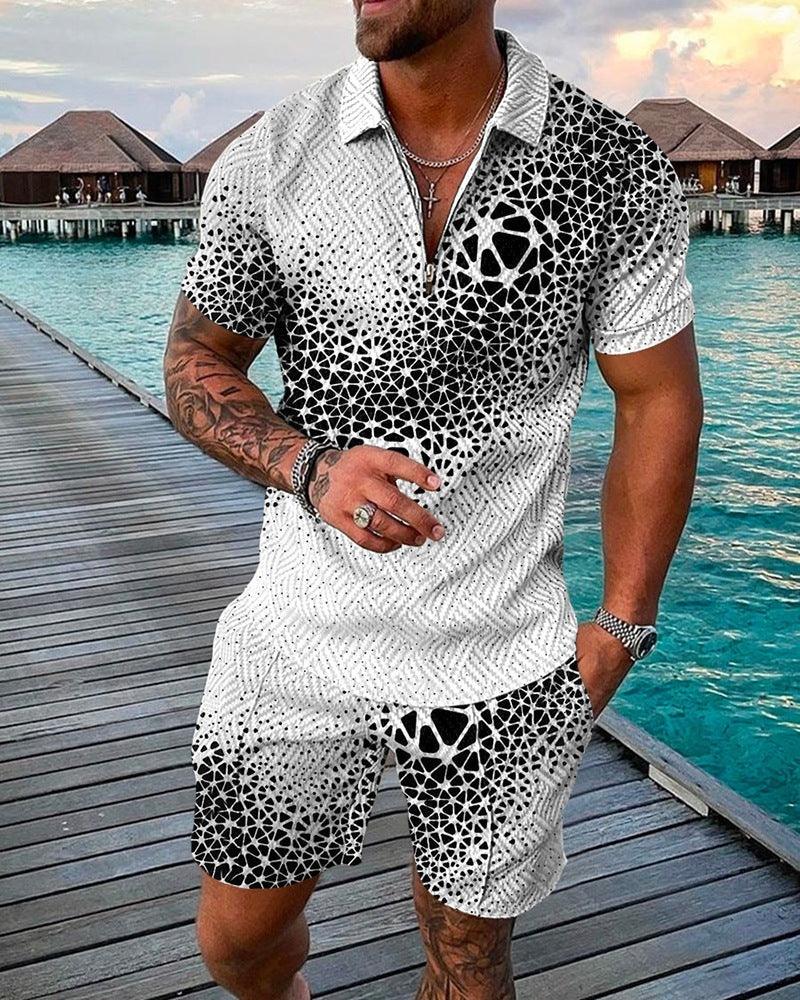 New Men's Fashion Casual Suit 3D Print Zip Short Sleeve Polo Shirt Shorts 2 Piece Set - Shello's Creative Boutique