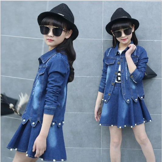 Children Clothing Set Boutique Outfits Long Sleeve Denim Jacket Beaded Denim Skirt Two Piece Teenage Girls Clothes 10 12 Years - Shello's Creative Boutique