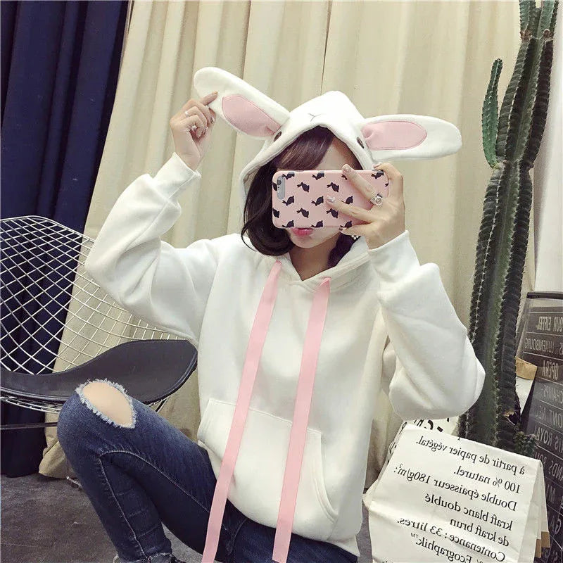 Women Cute Bunny Hoodie Long Sleeve Hoodie Lovely Female Rabbit Hoody Sweatshirts Loose Size Lovely Cotton Treetwear - Shello's Creative Boutique