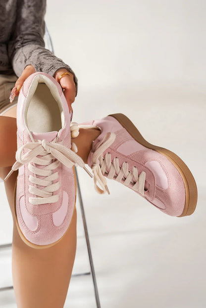 Pink Two-Tone Suede Sneakers - Patchwork Lace-Up Trainers - Shello's Creative Boutique
