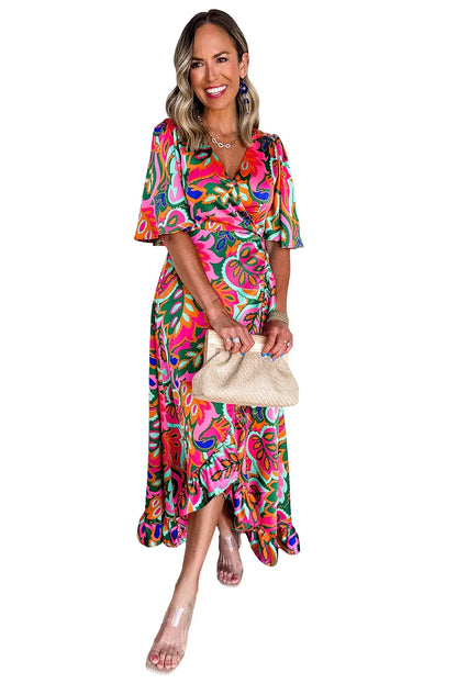 Rose Tropical Plant Print Surplice V Neck Ruffle Hem Maxi Dress - Shello's Creative Boutique