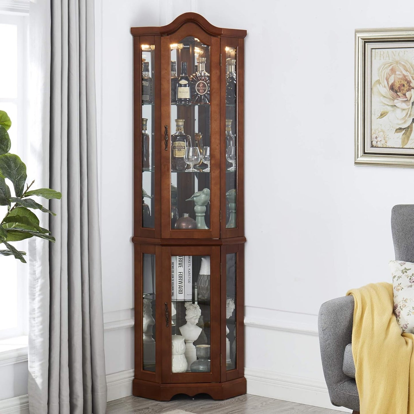 Corner Curio cabinet, adjustable tempered glass frame, rearview mirror, display cabinet, walnut wood (excluding E26 bulbs) eprolo