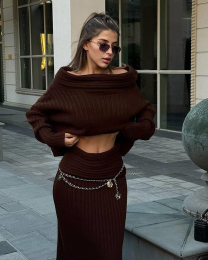 Winter Knitted Two Piece Set for Women Elegant Off Shoulder Sweater Pullover Top Slim Skirt Suit Fashion Office Ladies Outfits eprolo
