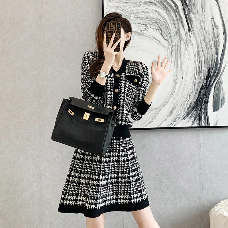 Short person wearing fashionable casual suit for women in autumn and winter, small fragrant style sweater, A-line skirt, knitted two-piece set skirt - Shello's Creative Boutique