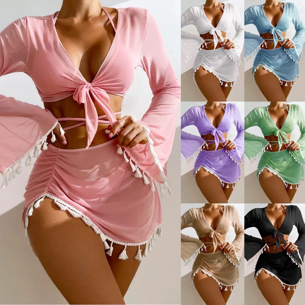 4-Piece Tassel Bikini Set with Long Sleeves & Mesh Skirt - Women's Solid Colour Swimwear - Shello's Creative Boutique