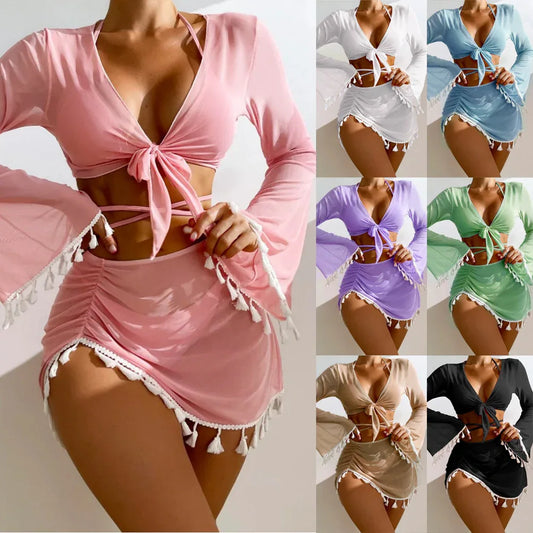 4-Piece Tassel Bikini Set with Long Sleeves & Mesh Skirt - Women's Solid Colour Swimwear - Shello's Creative Boutique