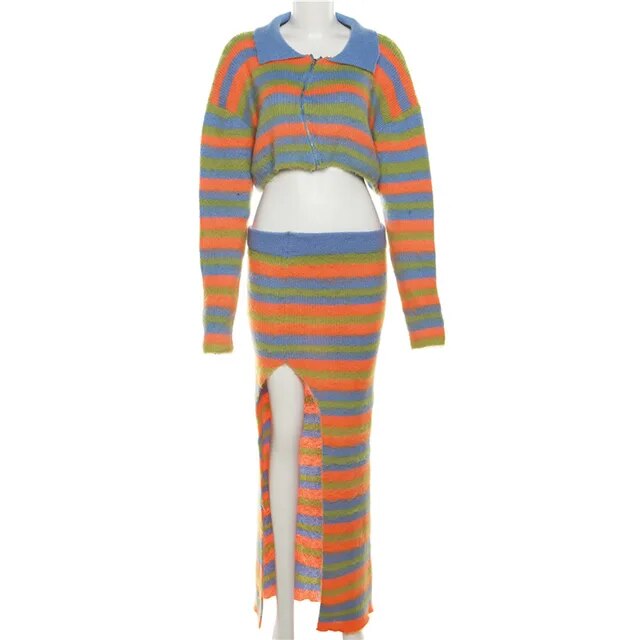 Autumn Knitted Striped Two Piece Sets Women Y2K Long Sleeve Jacket Coat High Slit Long Skirts Suite Evening Party Dress Sets eprolo