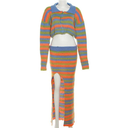 Autumn Knitted Striped Two Piece Sets Women Y2K Long Sleeve Jacket Coat High Slit Long Skirts Suite Evening Party Dress Sets eprolo