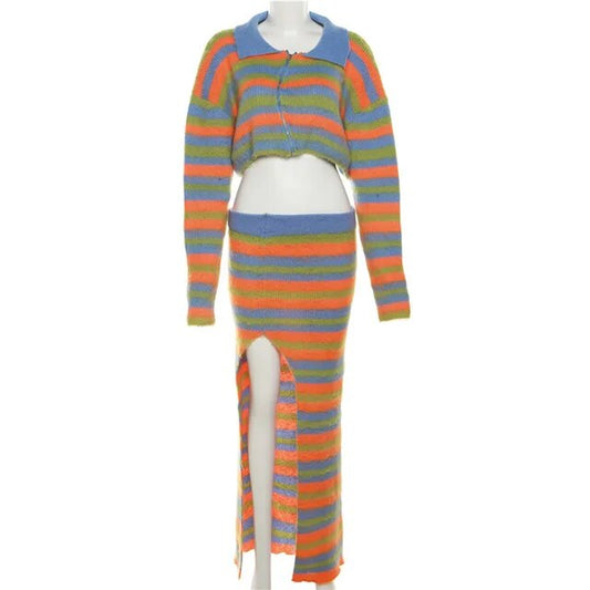 Autumn Knitted Striped Two Piece Sets Women Y2K Long Sleeve Jacket Coat High Slit Long Skirts Suite Evening Party Dress Sets eprolo