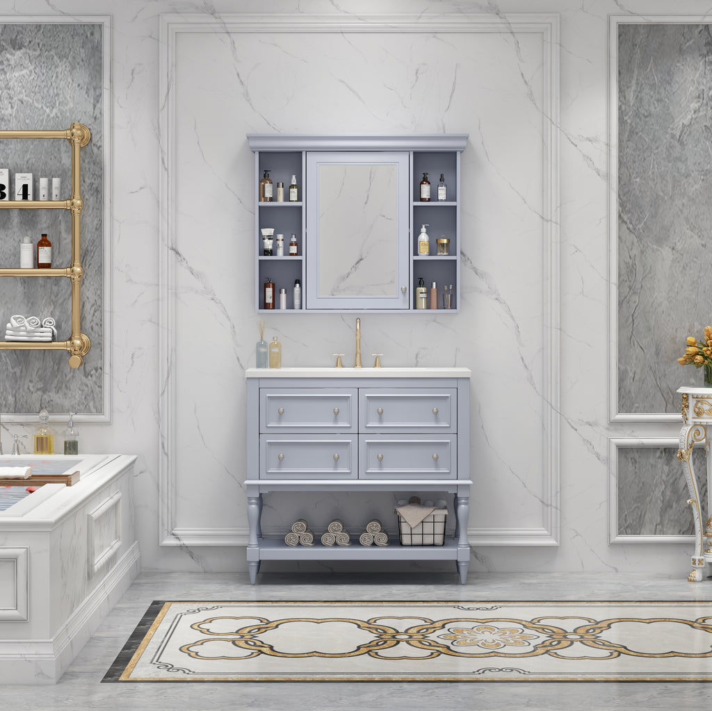 36'' Bathroom Vanity with Medicine Cabinet, Modern Mirror Cabinet with Adjustable Shelf, Bathroom Storage Cabinet with 4 Drawers eprolo