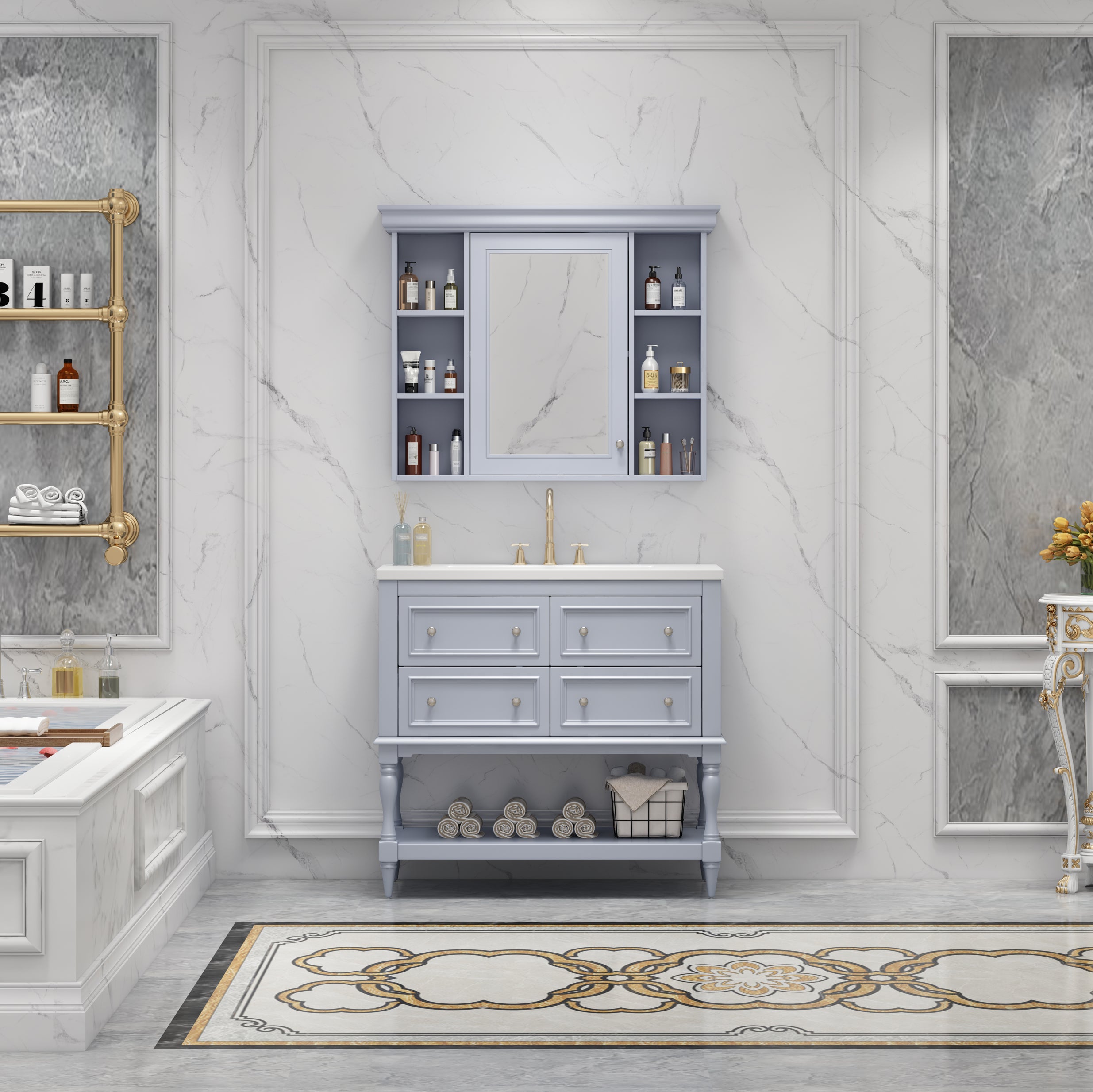 36'' Bathroom Vanity with Medicine Cabinet, Modern Mirror Cabinet with Adjustable Shelf, Bathroom Storage Cabinet with 4 Drawers eprolo