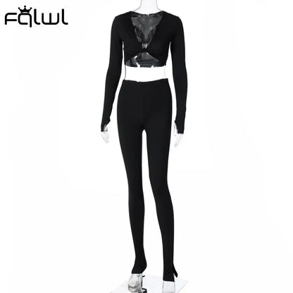 FQLWL Casual Summer Two Piece Set - Pink Long Sleeve Crop Top and Leggings - Shello's Creative Boutique