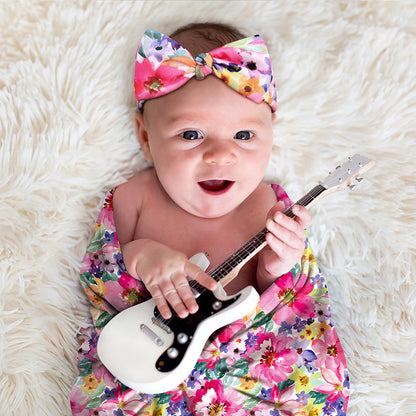 Newborn Photography Wrap Bow Hair Band Wrap Towel Set Baby Flower Blanket 2 Piece Set eprolo