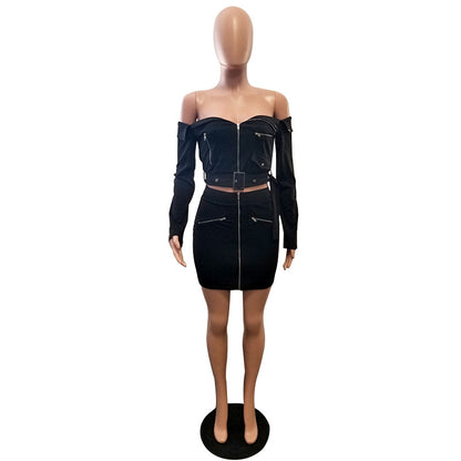 2 Piece Set Women Clothes Solid Off Shoulder Zipper Bodycon 2 Piece Set Women Long Sleeve Belt Top And Skirt Set eprolo