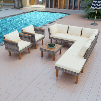 9-piece Patio rattan furniture set with Acacia wooden legs and tabletop sofa set, coffee table washable cushion beige - Shello's Creative Boutique