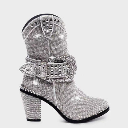 Western denim hot drill mid tube round head belt buckle thick heel fashion boots - Shello's Creative Boutique