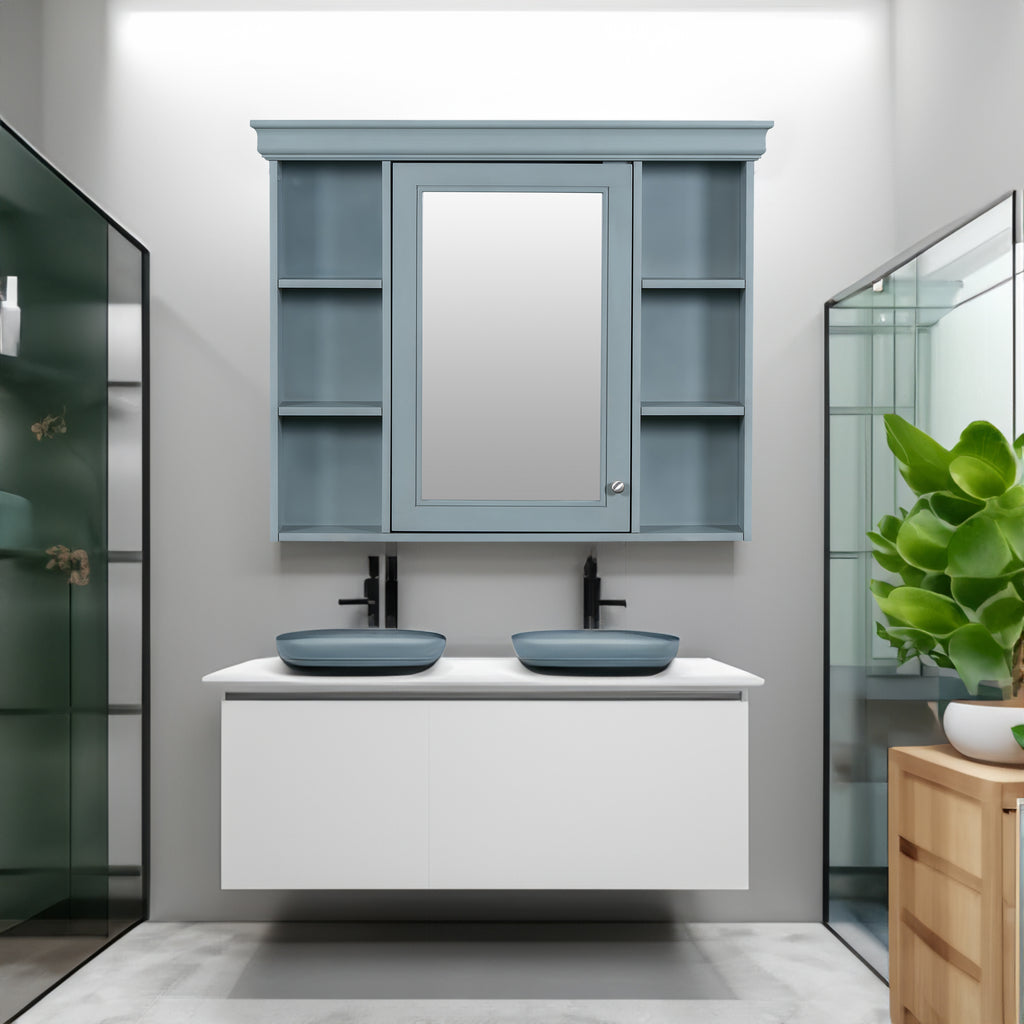 35 ''x 28' 'blue wall mounted bathroom storage cabinet with mirror door and medication cabinet with 6 open shelves eprolo