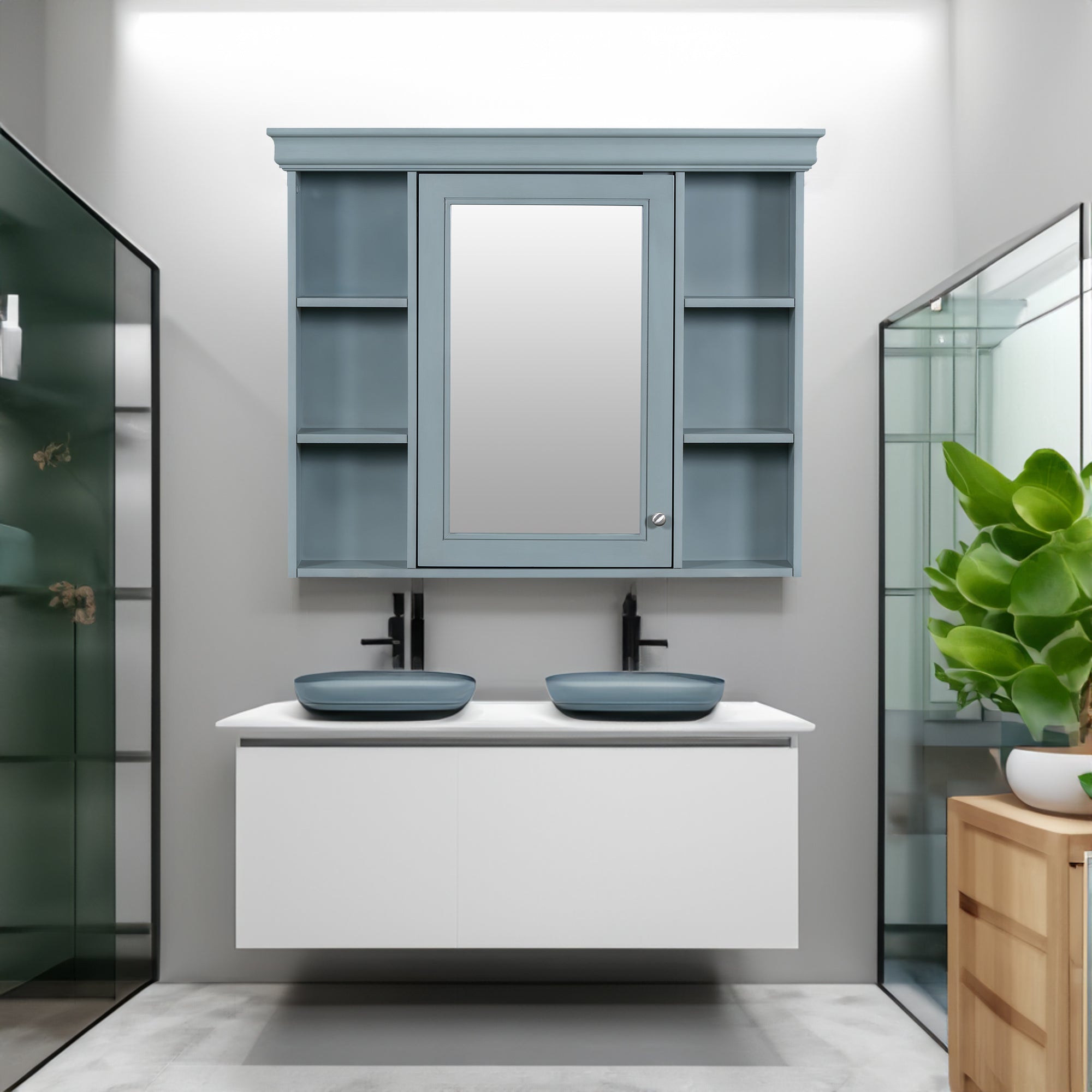 35 ''x 28' 'blue wall mounted bathroom storage cabinet with mirror door and medication cabinet with 6 open shelves eprolo
