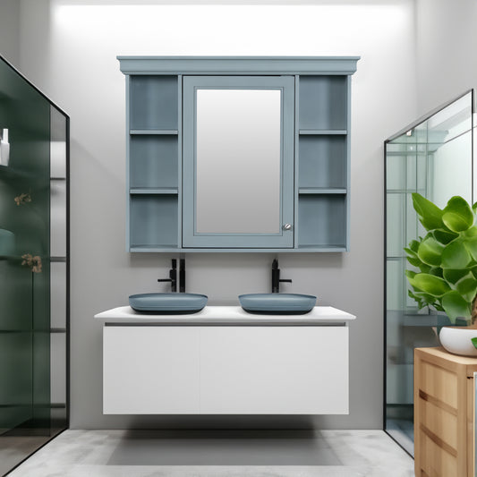 35 ''x 28' 'blue wall mounted bathroom storage cabinet with mirror door and medication cabinet with 6 open shelves eprolo