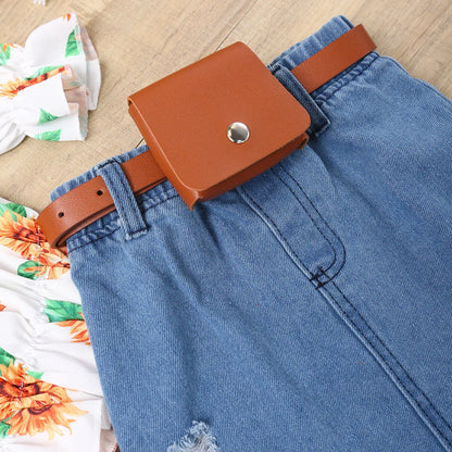 New Korean Long Sleeve Sunflower Flared Top + Solid Colour Suspender Skirt Two-Piece Set - Shello's Creative Boutique