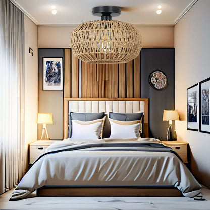 Rattan Light Fixtures Ceiling Mount Light Fixture with Dimmable LED Bulb Mini Hand Woven Rattan - Shello's Creative Boutique