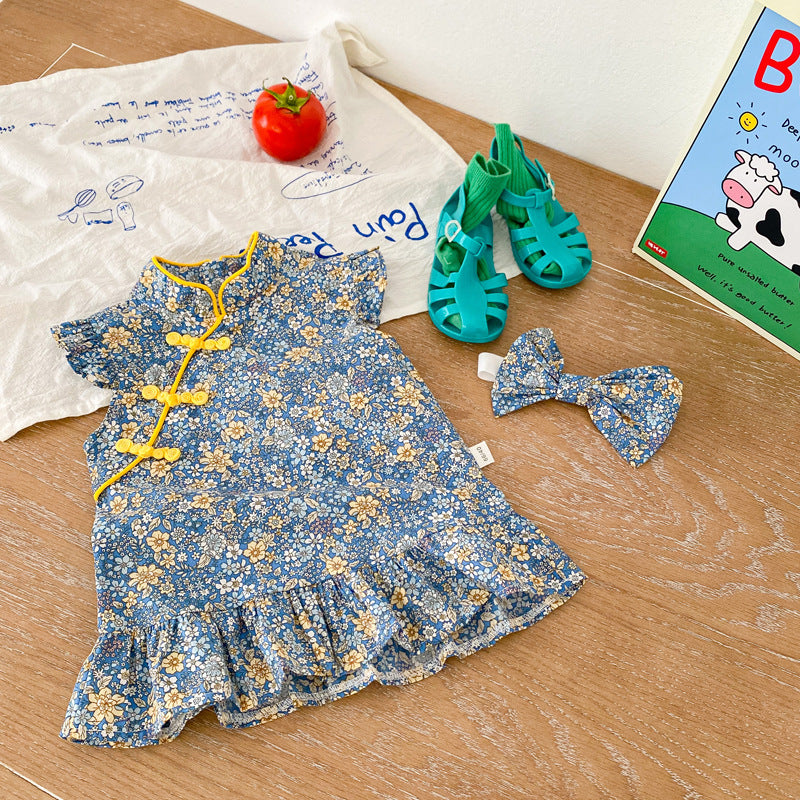 Children's skirt new summer baby girl retro wind disc buckle floral sleeveless cheongsam 0-2 years old baby dress eprolo