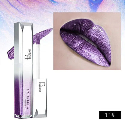 Pudaier Metallic Glitter Shine Full Colour Lipstick Makeup Long-lasting Liquid Tint Lip Gloss - Shello's Creative Boutique
