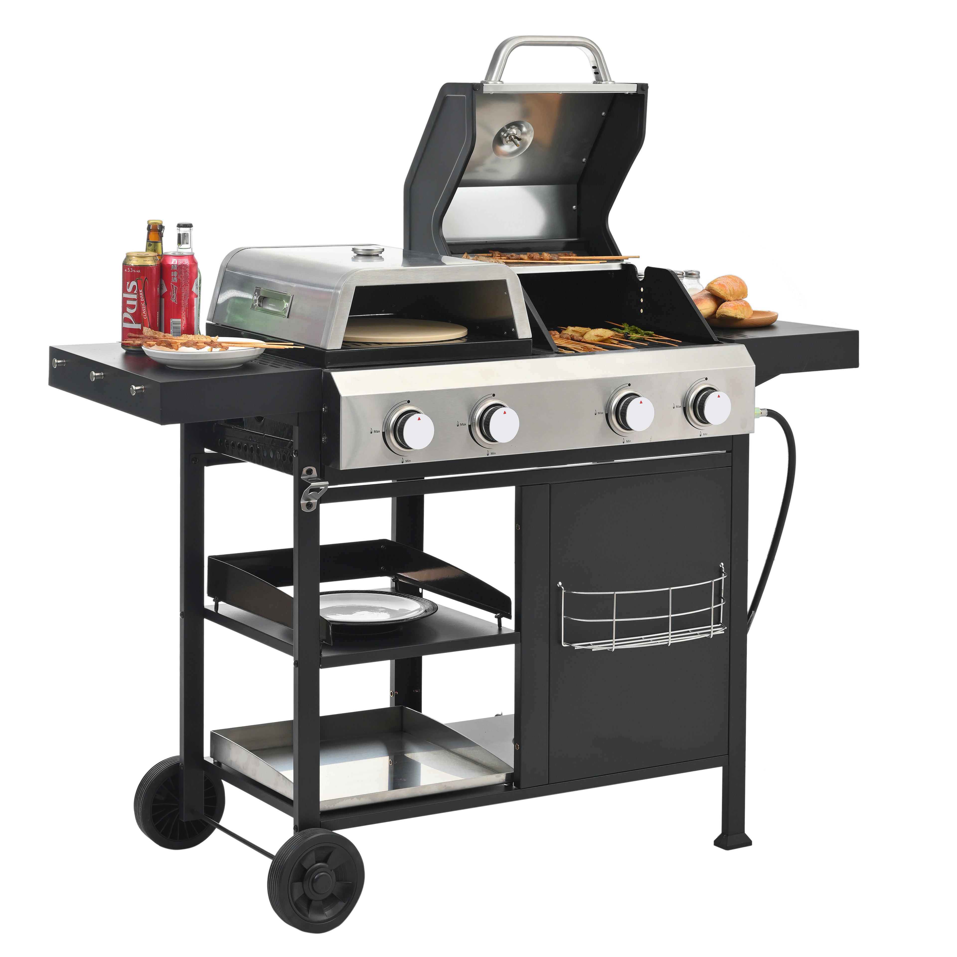 2+2 multifunctional gas barbecue grill and covered grill combination for outdoor cooking - barbecue, barbecue, pizza. eprolo