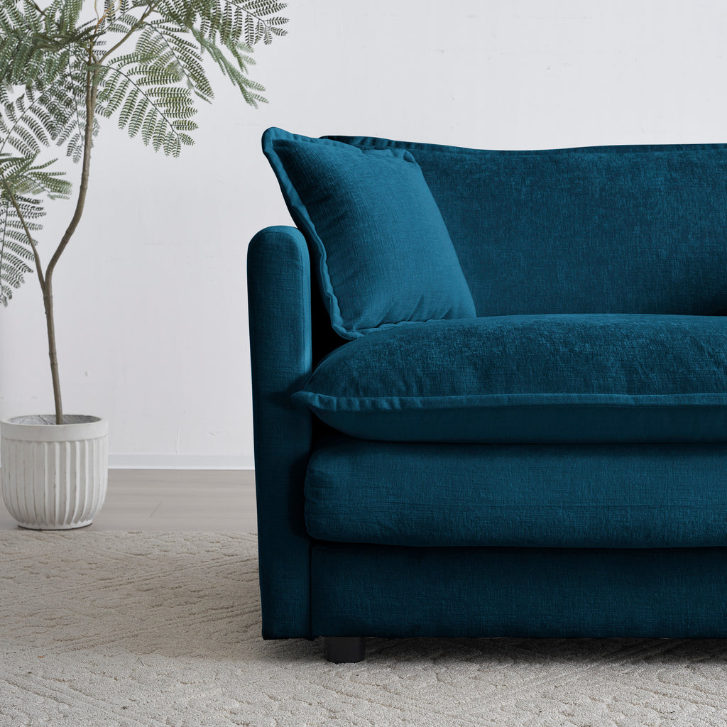 Mid-Century Modern Couch 3-Seater Sofa with 2 Armrest Pillows and 3 Toss Pillows, Couch for Living Room Blue Chenille Shello Creative Boutique
