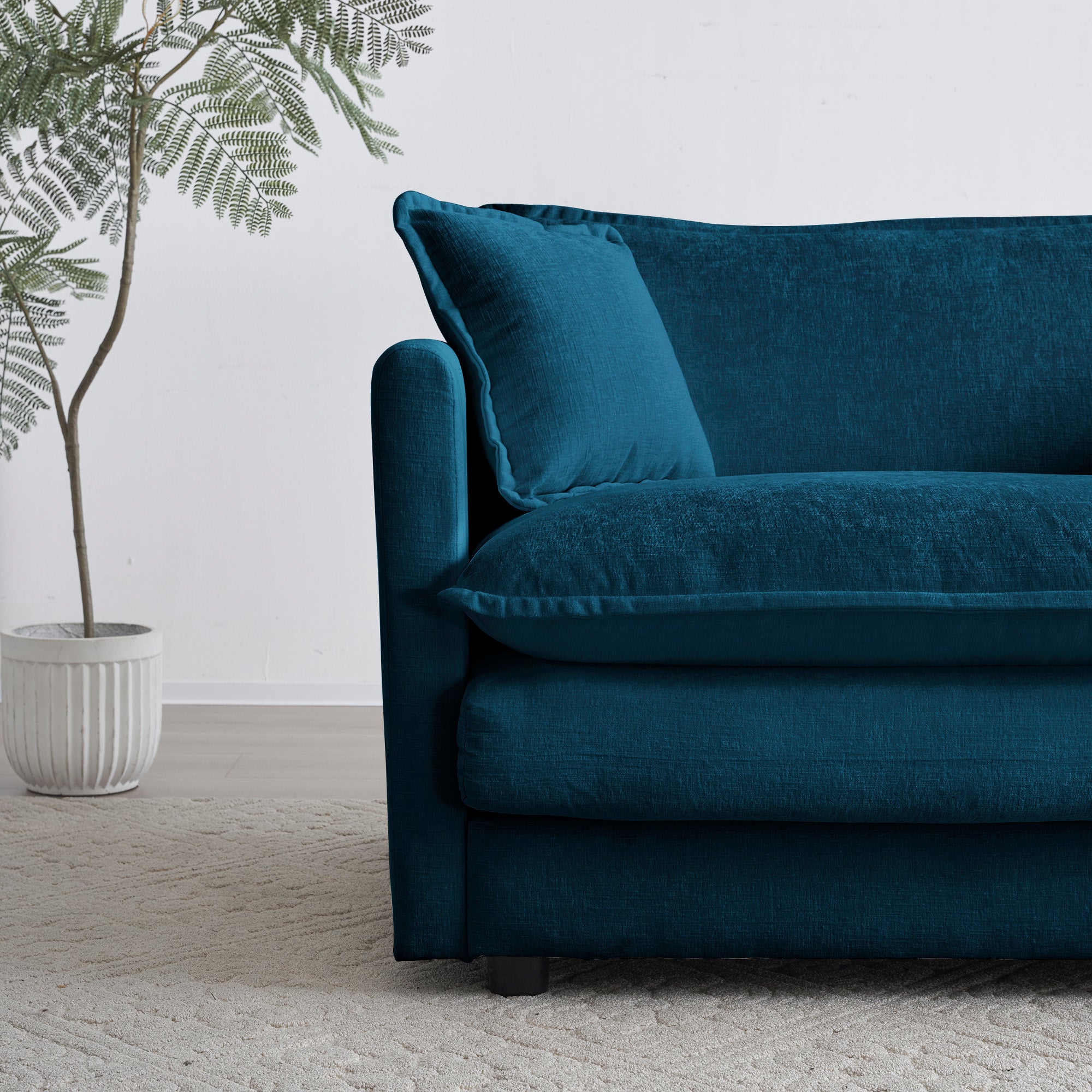 Mid-Century Modern Couch 3-Seater Sofa with 2 Armrest Pillows and 3 Toss Pillows, Couch for Living Room Blue Chenille Shello Creative Boutique