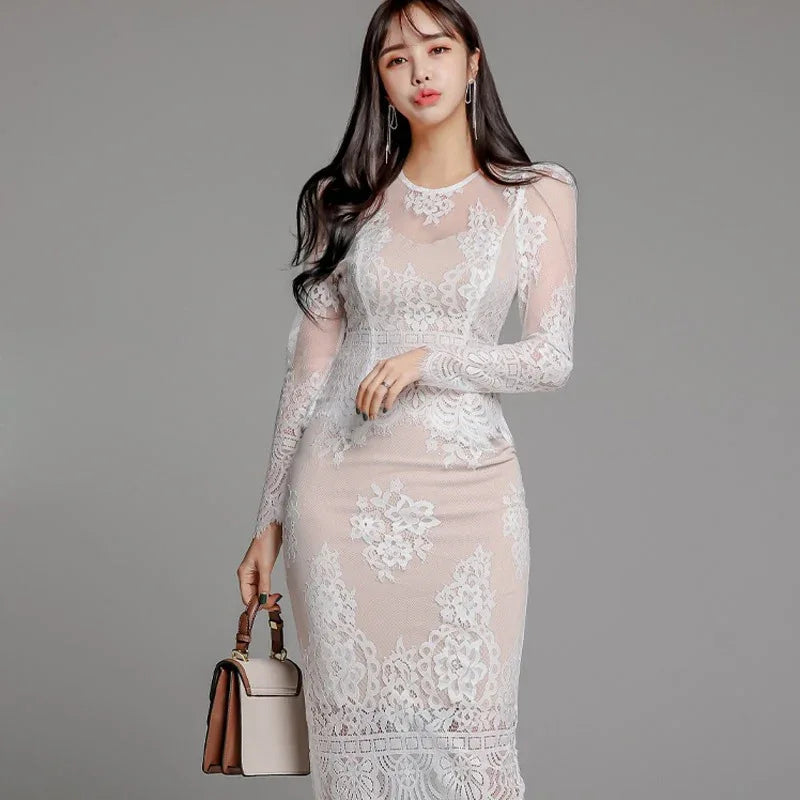 Autumn New Celebrity Style Perspective Lace Shirt Top Slim Fit Wrap Hip Skirt Two piece Set for Women - Shello's Creative Boutique