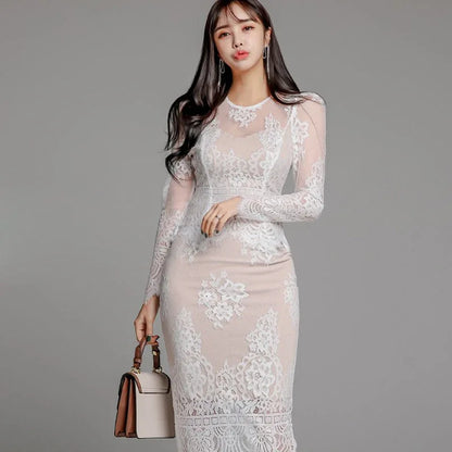 Autumn New Celebrity Style Perspective Lace Shirt Top Slim Fit Wrap Hip Skirt Two piece Set for Women - Shello's Creative Boutique