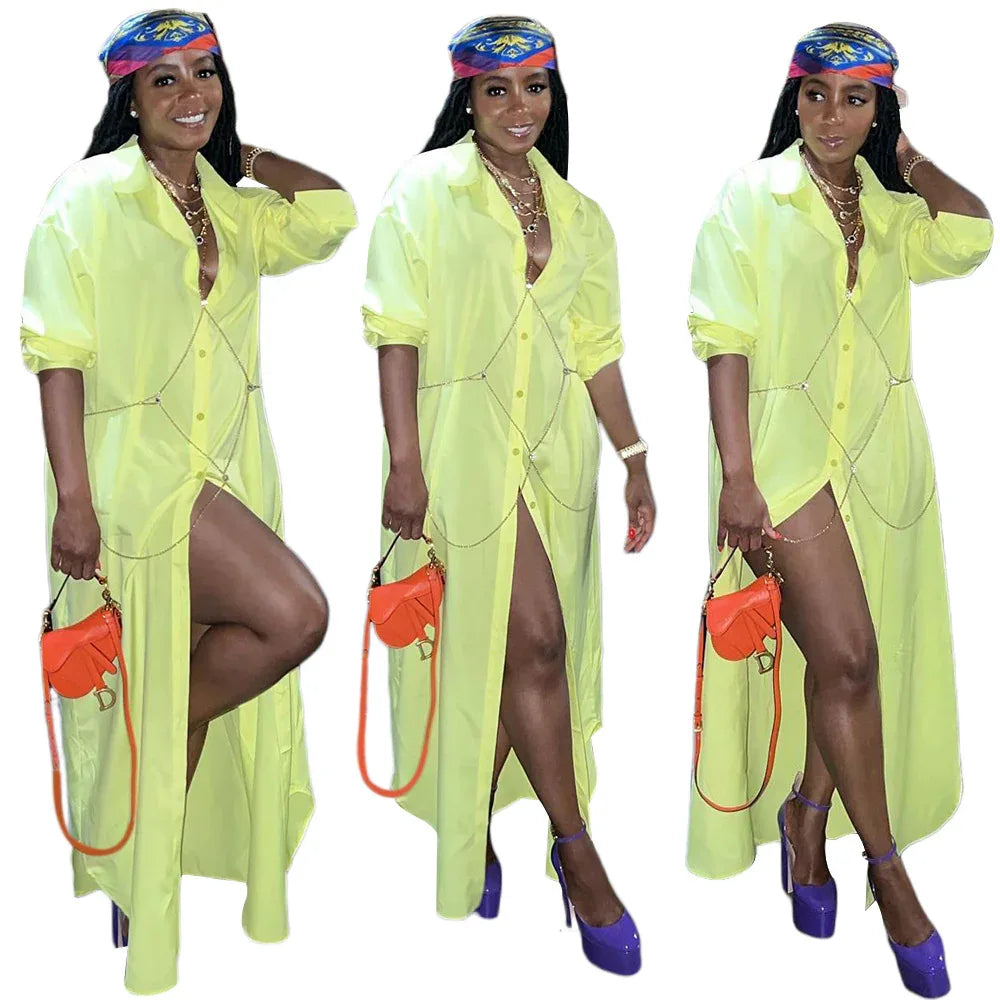 Casual Lapel Half Sleeve Shirt Dress Solid Color Long Jacket - Shello's Creative Boutique